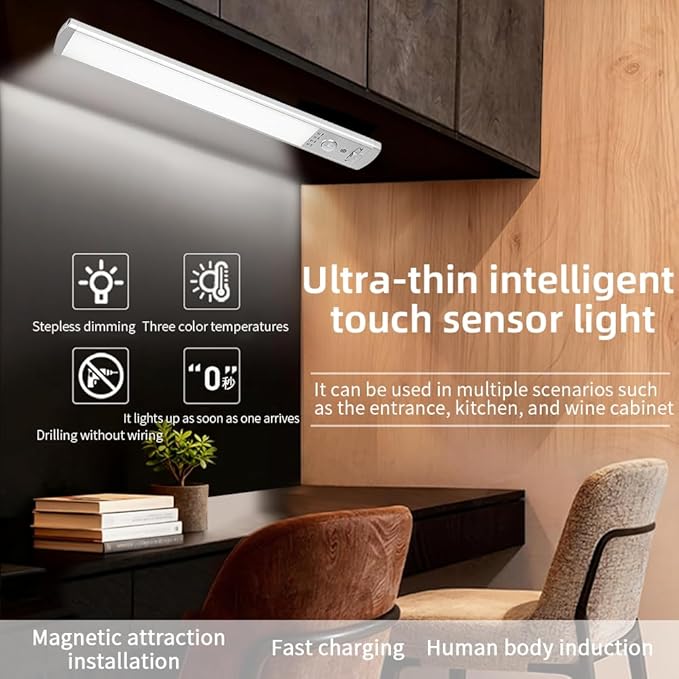 2-Pack Under Cabinet Lights, 1500mAh Rechargeable 52-LED Motion Sensor Light, 10-inch Wireless Magnetic Stick-On Closet Lights, Stepless Dimmable Night Light for Kitchen, Pantry, Wardrobe