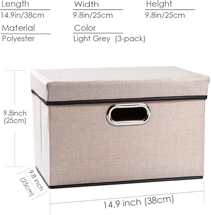 Foldable Storage Bin with Lid [3-Pack] Linen Fabric Decorative Storage Box