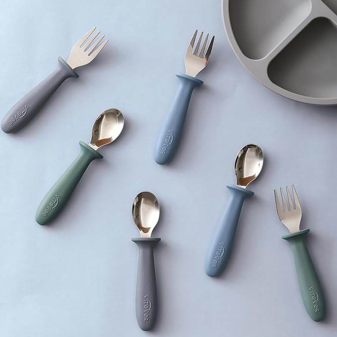 6 Pieces Toddler Utensils, Kids Safe Spoons and Forks, Children Silverware Set with Silicone Handle, 18/8 Stainless Steel, Food-grade Silicone，BPA Free - Dishwasher Safe
