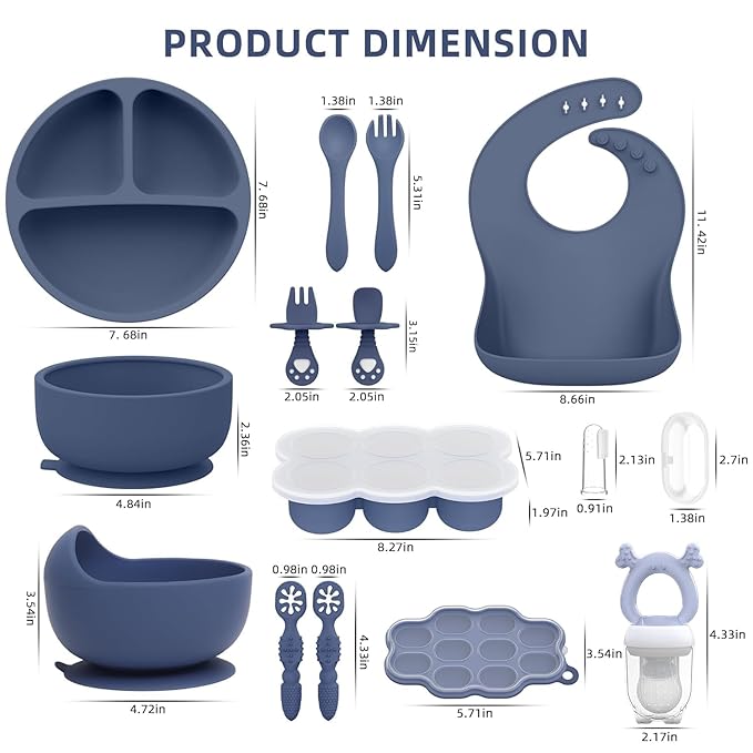 16 Pack Silicone Baby Feeding Set, BPA-Free Baby LED Weaning Supplies, Include Suction Plates, Baby Bowls, Silicone Fork & Spoon, and More, First Stage Baby Food Eating Utensils - 6+ Months(Blue, 16)