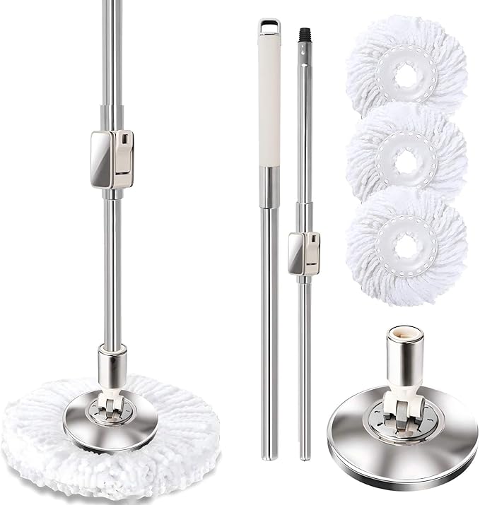 Replaceable Handle for Rotating mop, 360° Rotation Adjustment,Wet Dusting Mop, Includes 3 Microfiber Mop Replacement Heads, Suitable for Floors, Walls, Outdoor Areas, and Various Home Scenarios