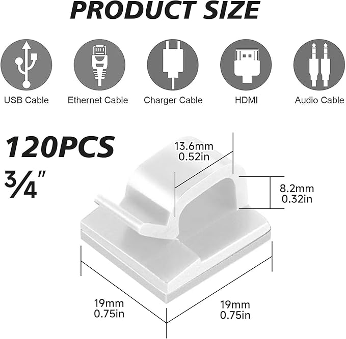 3/4 in Adhesive Cable Clips, 120pcs Outdoor Light Clips, Cord Clips, Sturdy Wire Clips, Finisher Wire Clamp for Home, Car, Office Wire Management Clips (White, 3/4"-120PCS)