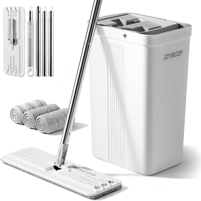 JOYMOOP Mops and Bucket with Wringer Set with 50" Mop Handle with Flexible 13" Flat Head with Flat Mop