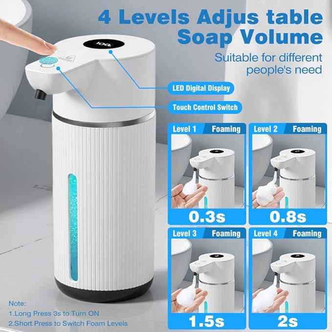 Touchless Automatic Soap Dispenser for Kitchen and Bathroom, Liquid Hand Soap Dispenser, Water-Resistant and Rechargeable, 14.2oz/420ml ，Intelligent Digital Display，4-Level Adjustable,Modern