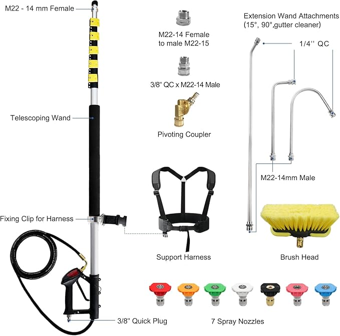 JANZ 25 FT Pressure Washer Telescoping Wand with Power Washer Extension Wands, Brush Head, Gutter Cleaner, 7 Spray Nozzle Tips