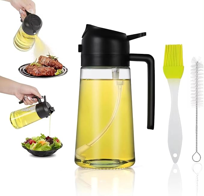 Glass Olive Oil Sprayer for Cooking with Stickers, 2-in-1 Oil Dispenser Bottle for Kitchen, Premium Food-Grade Spray Bottle for Olive Oil, Vinegar, Salad, Frying, BBQ, Baking & Air Fryer