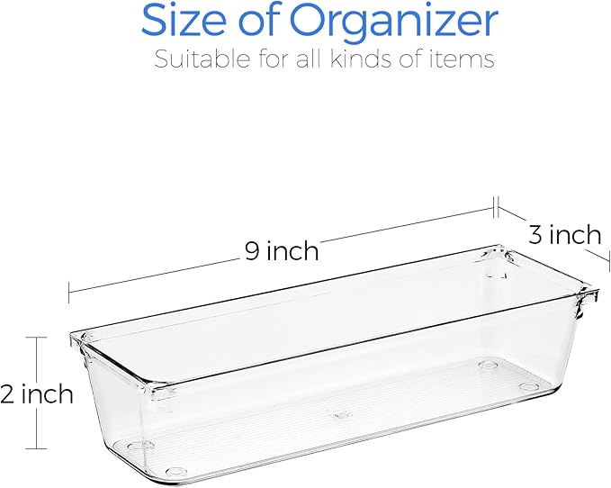 Ravinte 6 Pack Drawer Organizer - 3" X 9" Plastic Storage Bins, Acrylic Organizers with Non-Slip Pads Clear Desk Storage Tray for Makeup, Jewelries, Kitchen Utensils, Bathroom and Office