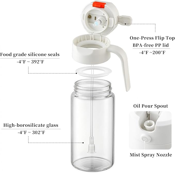 18oz/500ml High-Borosilicate Glass Oil Sprayer for Cooking, Olive Oil Dispenser Bottle,2 in 1 oil Dispenser with Portion Control for Salad, Frying, BBQ (WHITE)