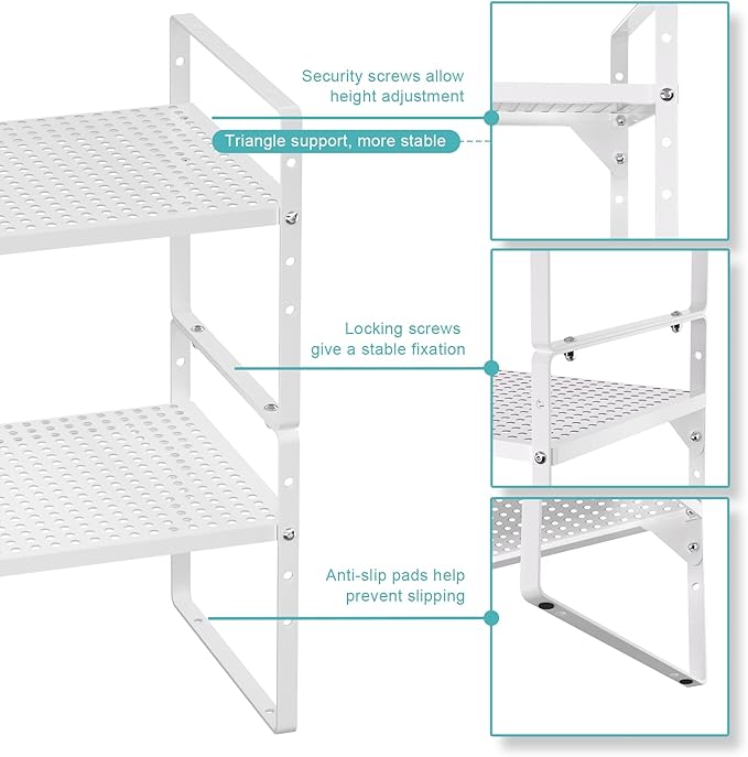 Cabinet Organizer Shelves,3 Pack of Expandable Spice Racks,Space Saving Storage Shelves for Kitchen,Pantry,Bathroom, Bedroom, Under Sink,Office,Table Surfaces & Counter,White Modern Style
