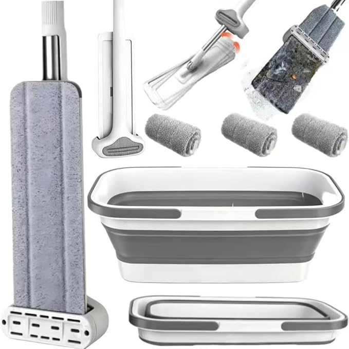 Large Flat Mop and Scalable Bucket with Wheels, 360 Rotating Microfiber Dust Mop with Dewatering Scraper, 54" Adjustable Stainless Steel (1 Mop + 4 Microfiber Pads + 1 Bucket)