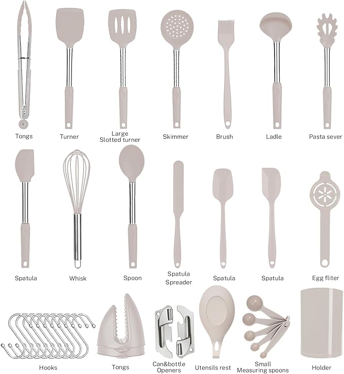 Silicone Kitchen Cooking Utensils Set with Stainless Steel Handle, Spatula Set Utensil Set, Cooking Utensil Set,Kitchen Tools Gadgets for Nonstick Cookware (35, Khaki)