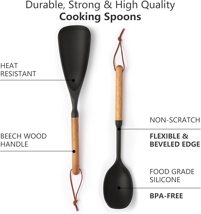 2 Pcs Silicone Spatula Spoon Set with Wood Handle - Kitchen Cooking Utensil for Non-Stick Pans, Mixing & Serving - Heat Resistant Flexible & Ladle for Cooking, Flipping, Stirring