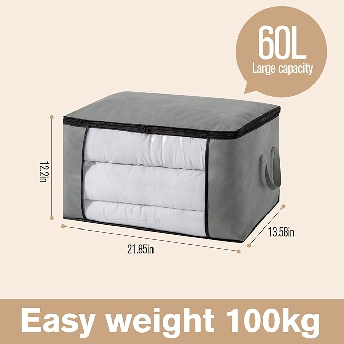 Large Storage Bags,Clothes Storage Bins Foldable Closet Organizers Storage Containers with Durable Handles Thick Fabric for Blanket Comforter Clothing Bedding (grey, 60L (3Pick)
