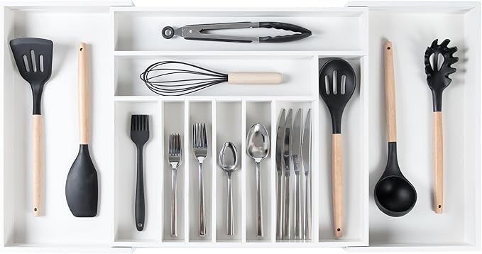 KitchenEdge Premium Silverware, Flatware and Utensil Organizer for Kitchen Drawers, Food-Safe Contract Grade, Expandable from 18 to 33 In, White Bamboo