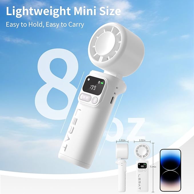 Lerat Portable Handheld Turbo Fan, 5-Speed Wind, Battery Operated, 3-in-1 Hand Fan, for Outdoor Activities, White