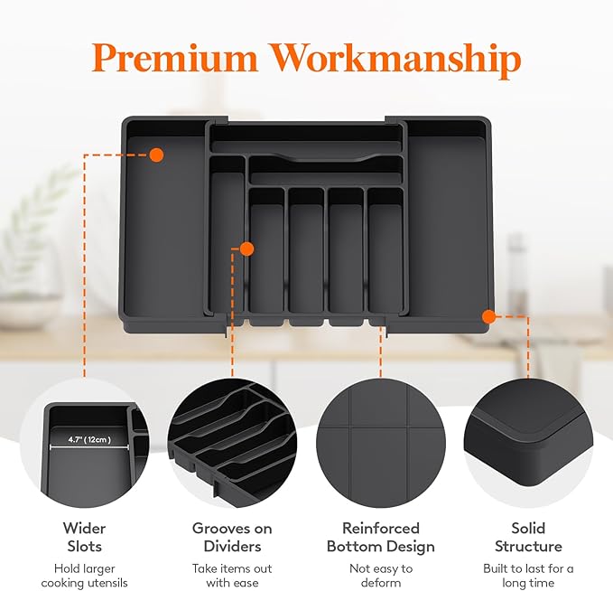 Lifewit Utensil Organizer for Kitchen Drawer, Expandable Cooking Silverware Tray, Adjustable Cutlery Flatware Holder