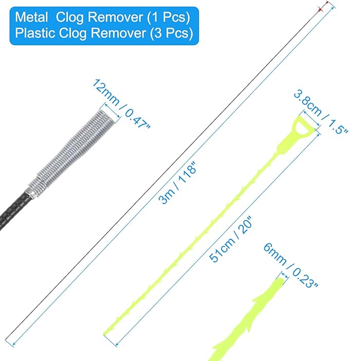uxcell 3pcs 20 Inch Drain Hair Clog Remover Tool PP & 120 Inch Drain Cleaner Tool Sticks Stainless Steel Sewer Cleaning Hook Unclog Sink Unclogger for Toilet Bathtub Sewer, Green