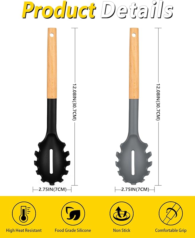 Pack of 2 Spaghetti Spoon, Silicone Pasta Fork with Wooden Handle, Heat Resistant Noodle Spoon Server, BPA Free Spaghetti Strainer(BLACK-GRAY)