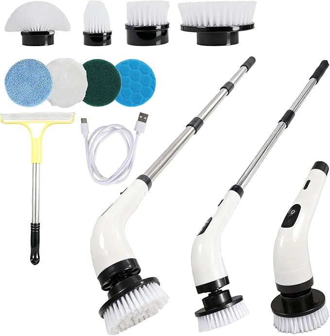 Rechargeable Electric Spin Scrubber, Waterproof Power Cleaner with 7 Brush Heads,1 Window Squeegee,2 Speeds Adjustable Long Handle for Bathroom, Floor