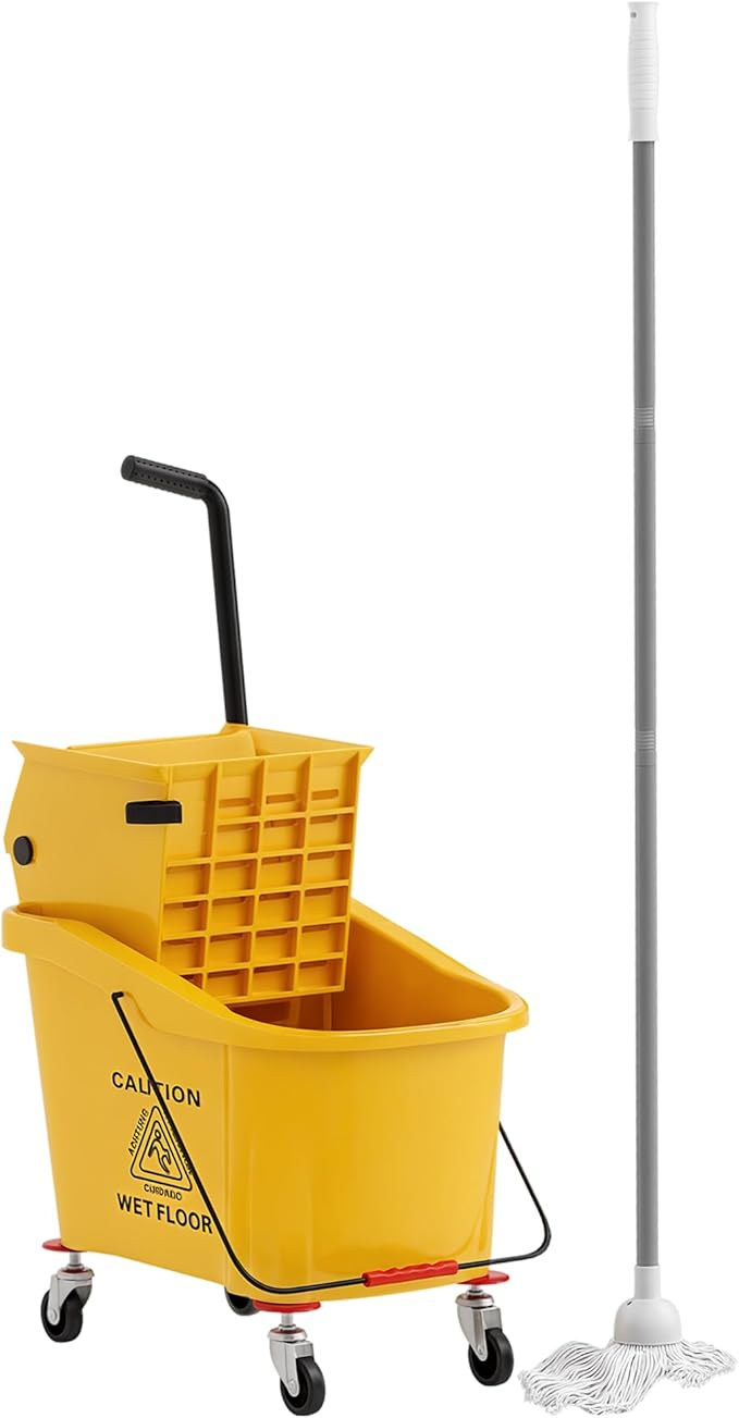 HOMCOM Mop Bucket with Wringer on Wheels for Floor Cleaning, 38 Quart Down Press Wringer with Handle and Mop, Yellow