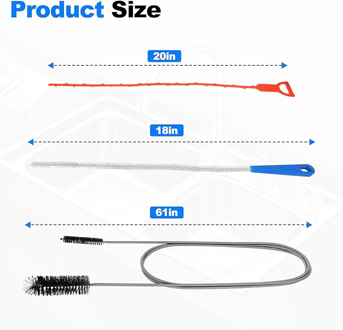P Trap Cleaner Set,3 IN 1 P Trap Brush for Shower Kitchen Sink Bath Tub Bathroom,Including 20 Inch Drain Snake Remover,61 Inch Flexible Wire Brush