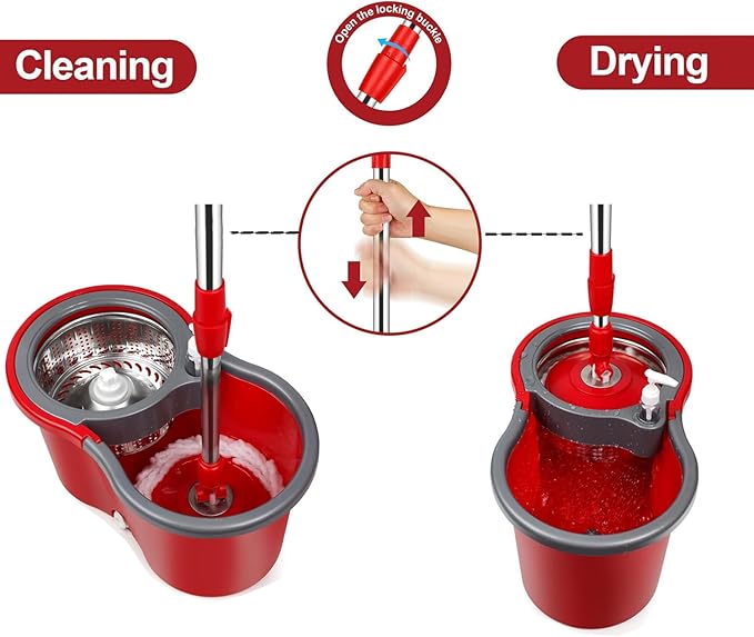 Spin Mop and Bucket Set with Wringer,360° Spinning Mop,for Floor Cleaning,with Adjustable Handle and3 Microfiber Mop Replacement Heads (Red)