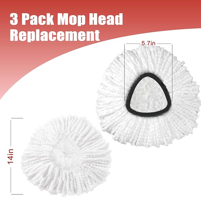 Mop Head Replacement, 3 Pack Spin Mop Refill Replace Head Compatible O Cedar Easywring 1-Tank System, Great Cleaning Power, Microfiber, Helper Housework, Machine Washable Easy-to-Replace, White