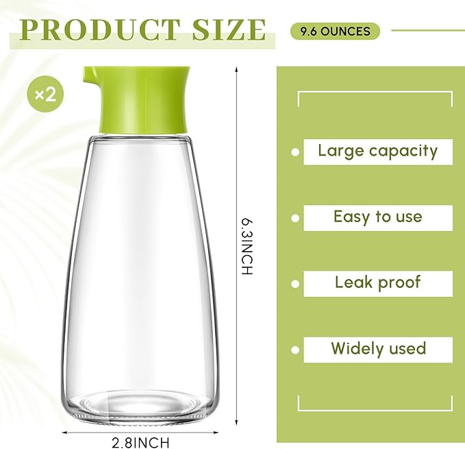 2 Pcs 9.6 OZ Soy Sauce Dispenser Large Glass Cruet Dispenser for Olive Oil Vinegar Soy Sauce Containers Oil and Vinegar Bottle Set for Kitchen Cooking Barbecue(Green)