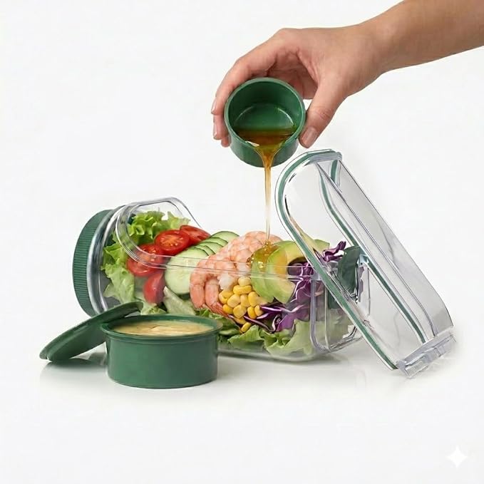Premium Salad Pod with Dressing Container, Leakproof Lunch Container, Meal Prep Jar with Side Opening, Keeps Food Fresh & Organized for Work, Travel & On-the-Go Meals