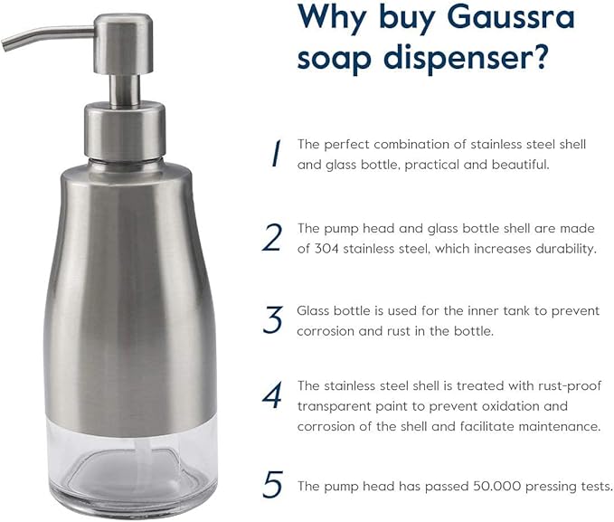 Gaussra Soap Dispenser with Coaster and Stickers, Brushed Nickel Stainless Steel Case Glass Liner Hand Pump Dispenser, Refillable Liquid Hand Soap Dispenser for Bathroom & Kitchen (11OZ / 320ML)