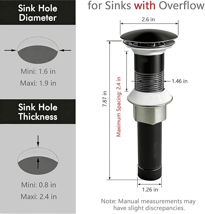 Bathroom Sink Drain, Without Overflow, Pop up Sink Drain Stopper with Strainer Plug for Vessel Sink Lavatory Vanity, SUS 304 Stainless Steel, Matte Black