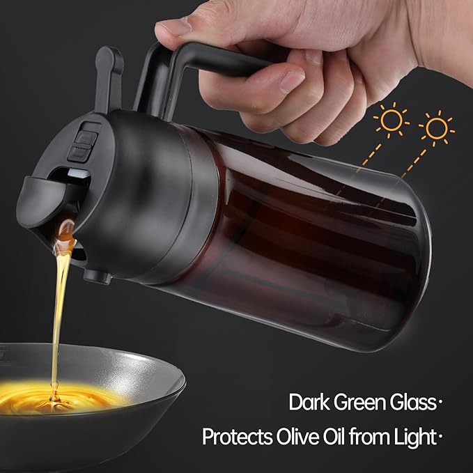2 in 1 Olive Oil Sprayer for Cooking and Oil Dispenser for Kitchen, 16oz Olive Oil Dispenser Bottle with Stickers, Upgraded Brown white