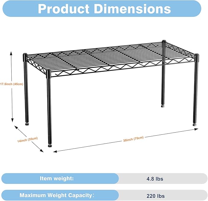 1-Tier Wire Shelf Rack,30" Wx14 Dx17 H,Single Metal Shelves Rack,Height Adjustable Metal Wire Shelving Unit and Storage for Kitchen,Cabinet,Countertop,Under-Sink,Closet,Pantry,Bathroom