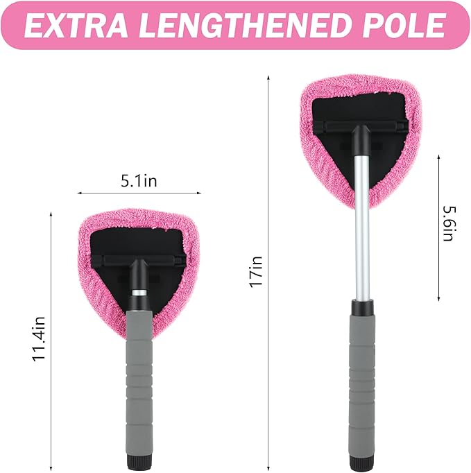 8 Pcs Car Window Cleaner Kit Triangle Shape Include Windshield Cleaning Tool with Extendable Handle 5 Microfiber Bonnets 1 Car Ventilation Brush 1 Empty 50ml Spray Bottle Glass Wiper Kits, Pink
