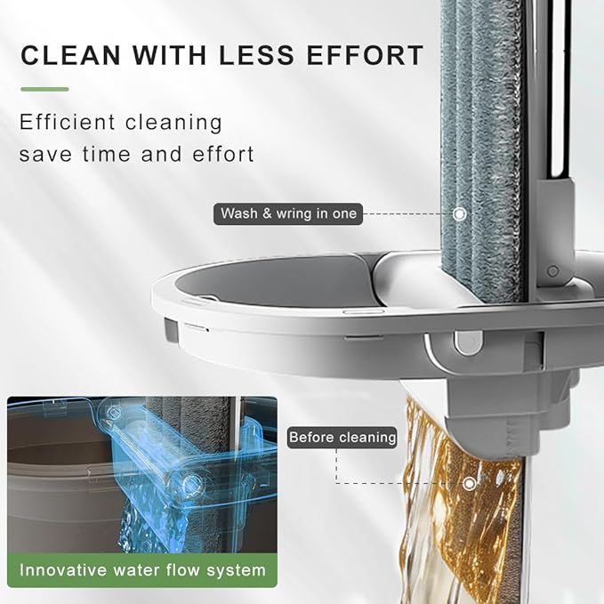 CQT Self-Wringing Mop and Bucket Set for Home Long Handle Flat Mop with 6 Washable Microfiber Pads