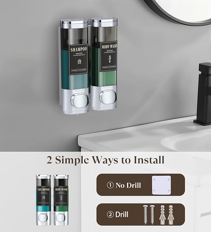 Luxspire Shampoo and Conditioner Dispenser, No Drill Wall Mounted Shower Soap Dispenser 2 Chamber with Waterproof Labels, Easy Refill Soap Dispenser for Bathroom Hotel Kitchen, Silver