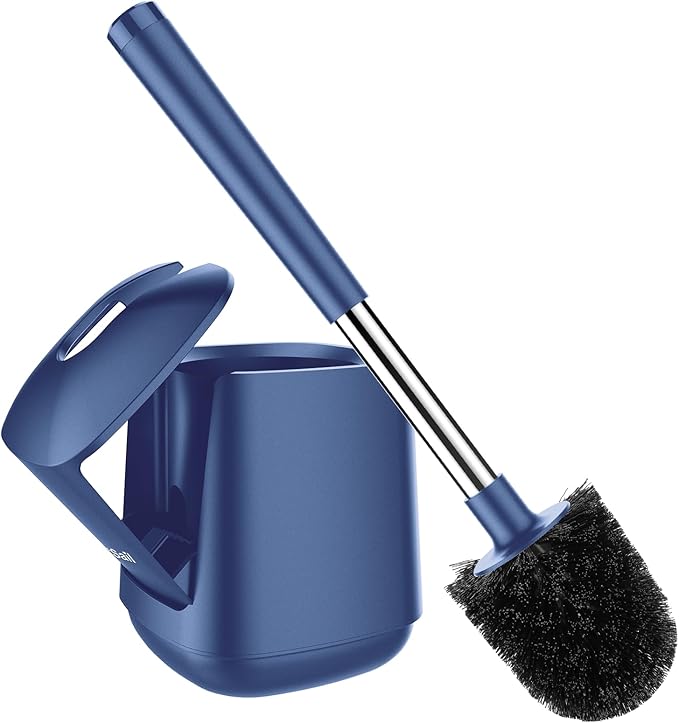 SetSail Toilet Brush and Holder, Self Closing Lid Toilet Bowl Brushes Holder and Extra Long Handle Ventilated Toilet Brush Set for Bathroom Cleaning, Nylon Bristles, Dark & Blue