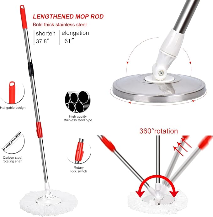 Spin Mop and Bucket, 360 Mop and Bucket with Wringer Set 3 Mop Heads, Stainless Steel Floor Spin Mop Bucket System for Floor Cleaning