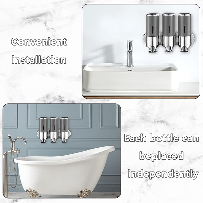 No-Drill 3 Pack 500ml Wall Mounted Soap Dispenser for Bathroom and Kitchen, Shampoo and Conditioner Dispenser Drill Free with Adhesive(Round-Grey)
