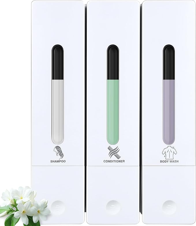 3 Chamber Shampoo and Conditioner Dispenser, No Drill - Wall Mounted Shower Soap Dispenser, Refillable Body Wash Dispenser Set 3, 1200ML Capacity, for Bathroom & Hotel, White