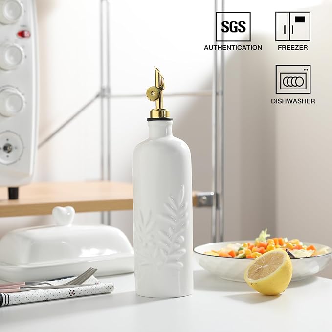 Sweejar 18 Oz Oil Dispenser for Kitchen with Gravity Spout, Ceramic Olive Oil Dispenser Bottle, Relief Opaque Vinegar Container for Evoo, Vinegar, Soy Sauce, Pack of 1(White, Gold Spout)