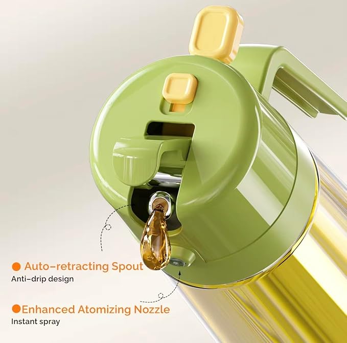 16oz/470ml Glass Olive Oil Sprayer for Cooking with Stickers, 2 in 1 Oil Dispenser for Kitchen Gadgets, Food Grade Premium Spray Bottle with Portion Control for Salad, Frying, BBQ (Green)