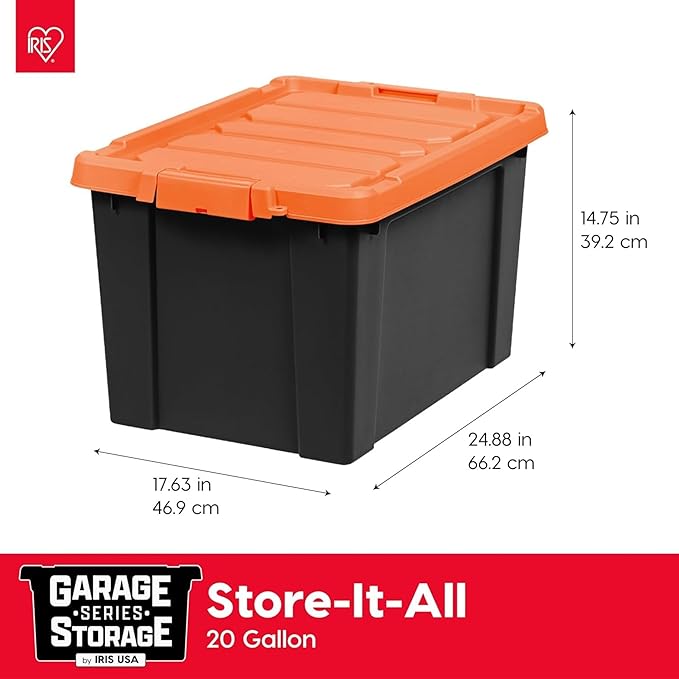 IRIS USA 20 Gallon Lockable Storage Bins with Lids, 2 Pack - Made in USA, Heavy Duty, Stackable Containers, Garage Organizing Bins Moving Tubs, Rugged Sturdy Equipment Utility Box - Black/Orange