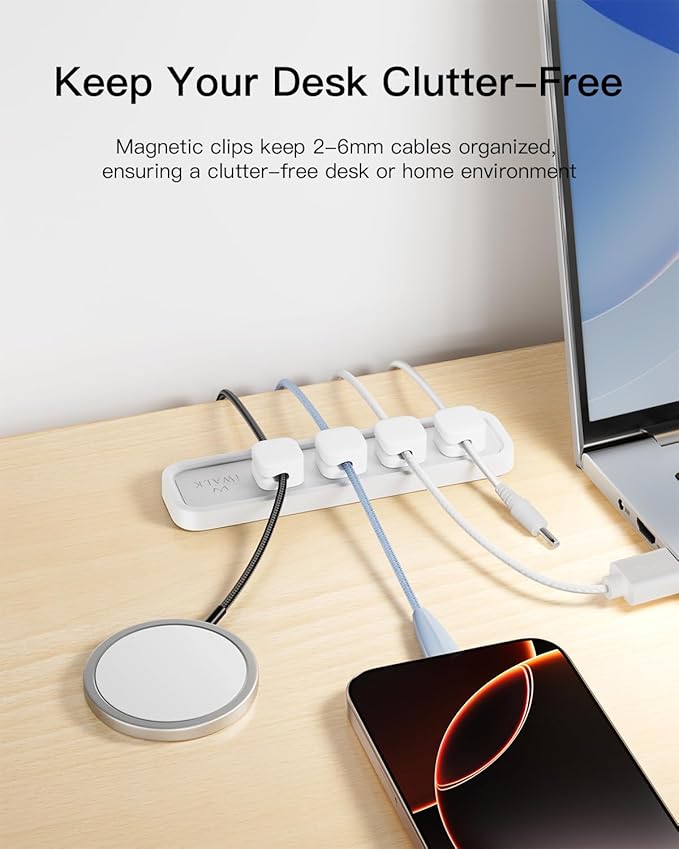 iWALK Magnetic Cable Holder, Reusable Adhesive Desktop Cord Organizer for 2-6mm Cables,4 Clips for Lightning & USB C/Micro Cables,Sticks to Wood,Glass,Metal, Marble, 2-Pack,White