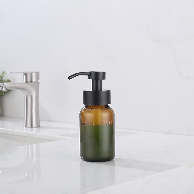 Glass Soap Dispenser, Soap Dispenser Drill Free Wall Mount, Thick Glass Amber Bottle Wall Mount, Round Bottles Dispenser with Rustproof Pump Black Pump Head