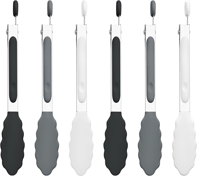 7-Inch Silicone Tongs Pack of 6, Small Stainless Steel Tongs with Silicone Tips for Cooking, Serving, BBQ, Grilling, Salad, Buffet, Party (7", Black/Gray/White)