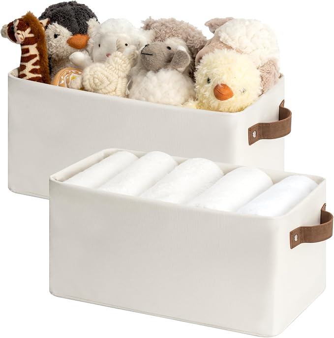 StorageWorks Narrow Storage Bins, Small Basket for Closet and Shelves, Rectangular Fabric Organizer with Handles, Toilet Paper Storage, Beige, 2-Pack