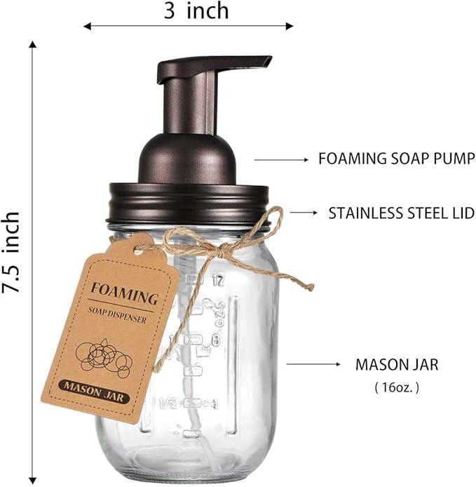 SheeChung Mason Jar Foaming Soap Dispenser-Rustproof Stainless Steel Lid & Foaming Soap Pump, Refill Foam Hand Soap Dispenser Glass for Bathroom Kitchen Vanities, Countertops-Bronze (2 pk)
