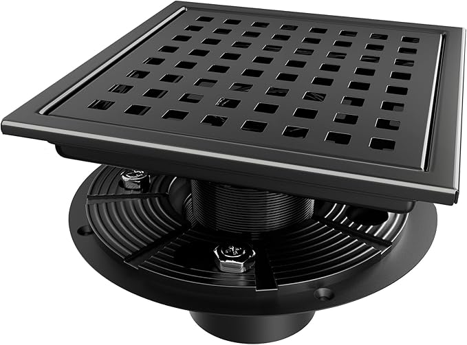 Square Shower Drain, Black Shower Drain 6 inch with Flange and Removeable Grate Cover