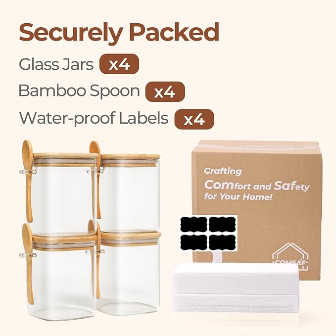 ComSaf 0.8 Qt Glass Jars with Bamboo Lids & Spoons Set of 4, Square Glass Containers with Lids, Sugar Coffee Containers Salt Spice Jars